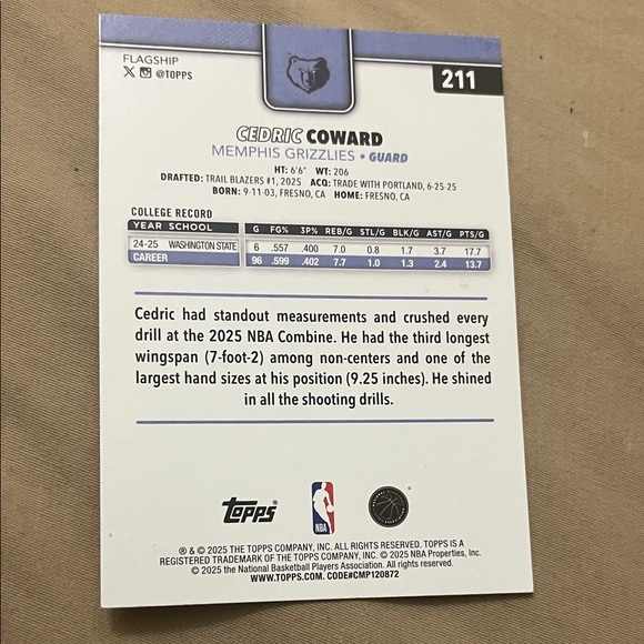 Topps Cedric Coward Grizzlies Rookie Card - Picture 2 of 2